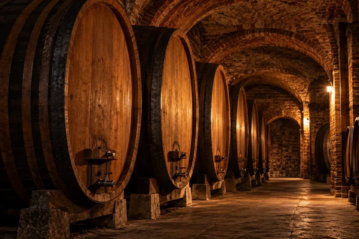 Grandi botti di rovere in una cantina storica delle Langhe, dove riposano Barolo e Barbaresco