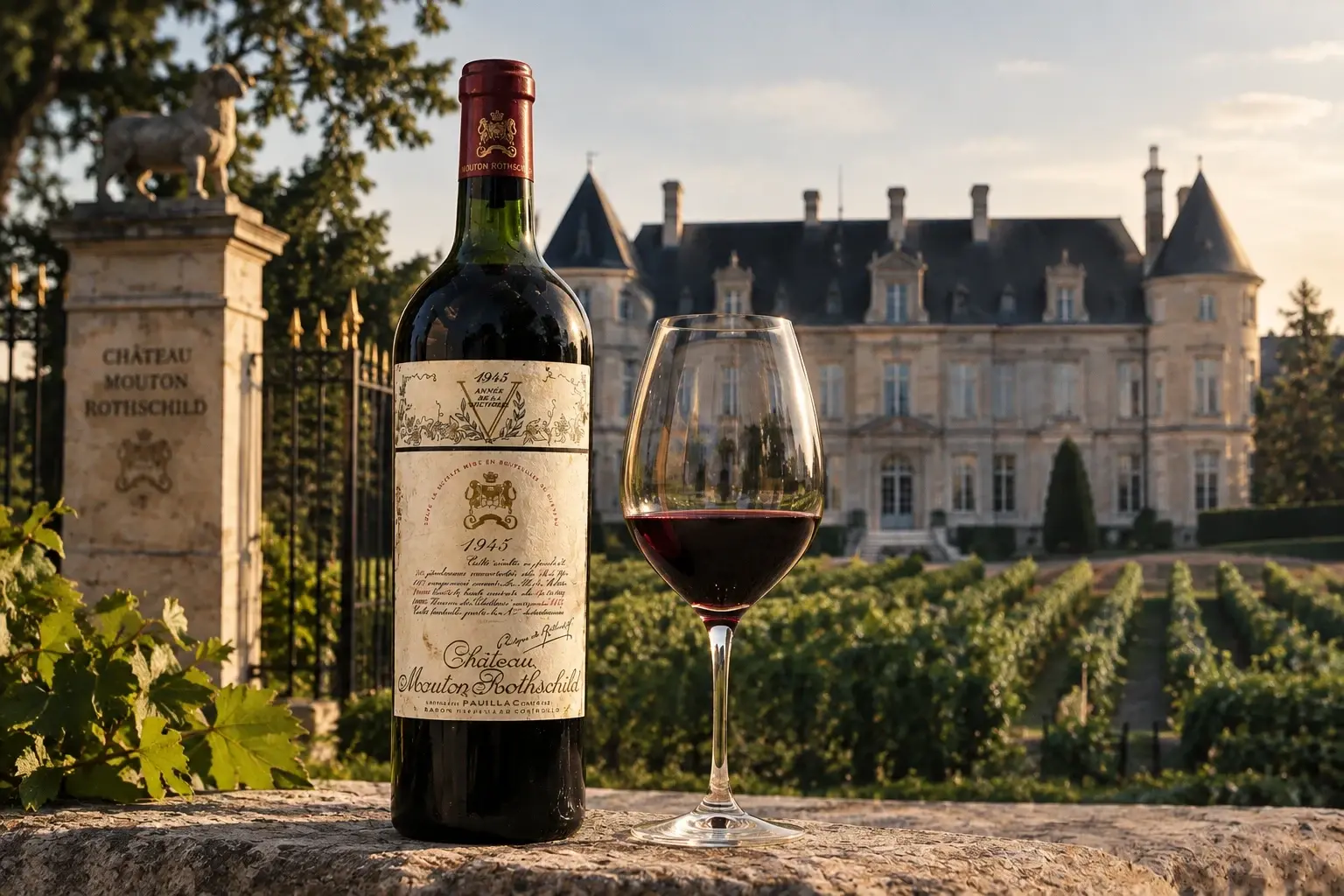 Bottiglia di Mouton Rothschild 1945 con l’etichetta della V della Vittoria e un calice, davanti allo château e ai vigneti di Pauillac
