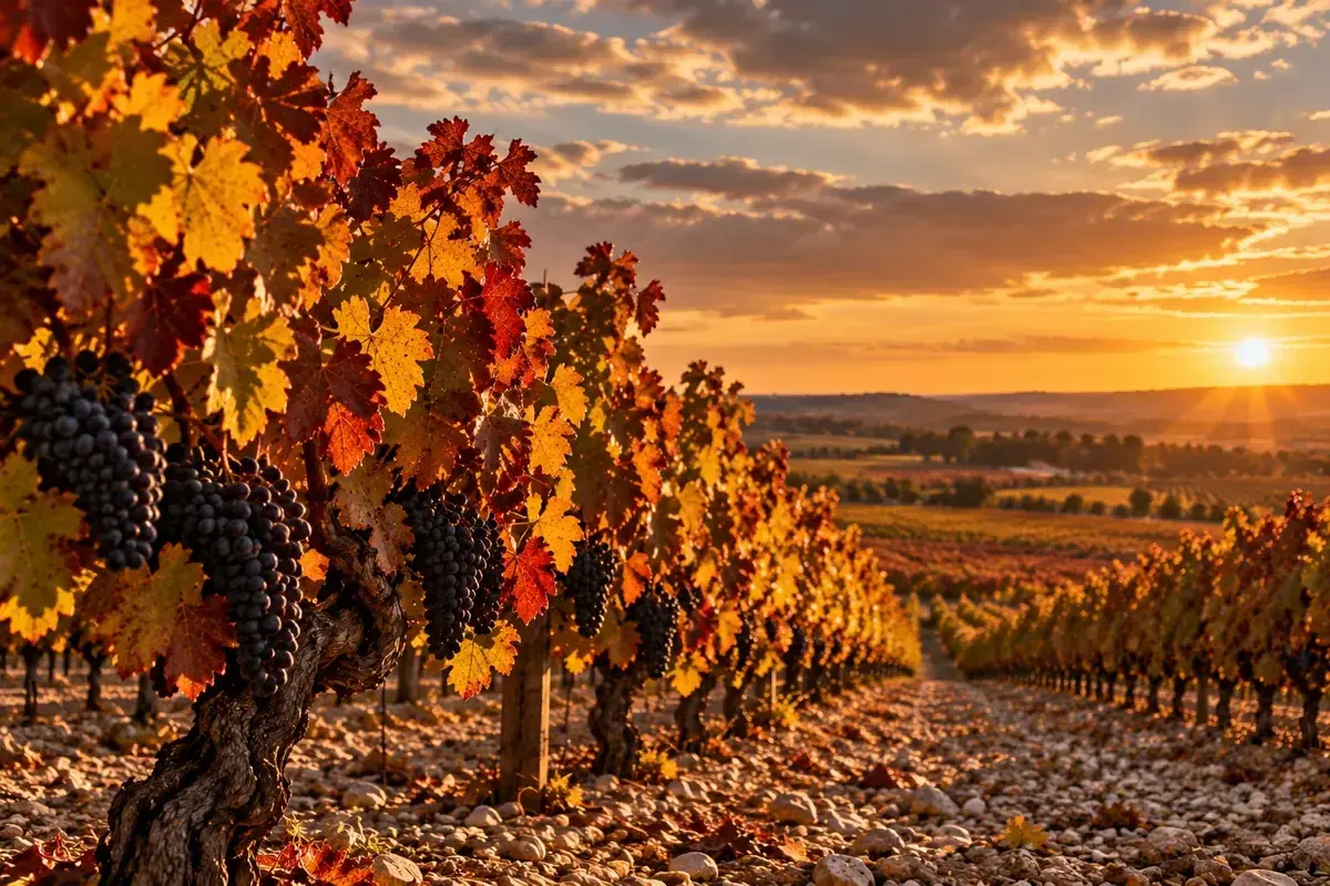 Filari di vite in autunno su suolo di ghiaia, con grappoli neri maturi al tramonto