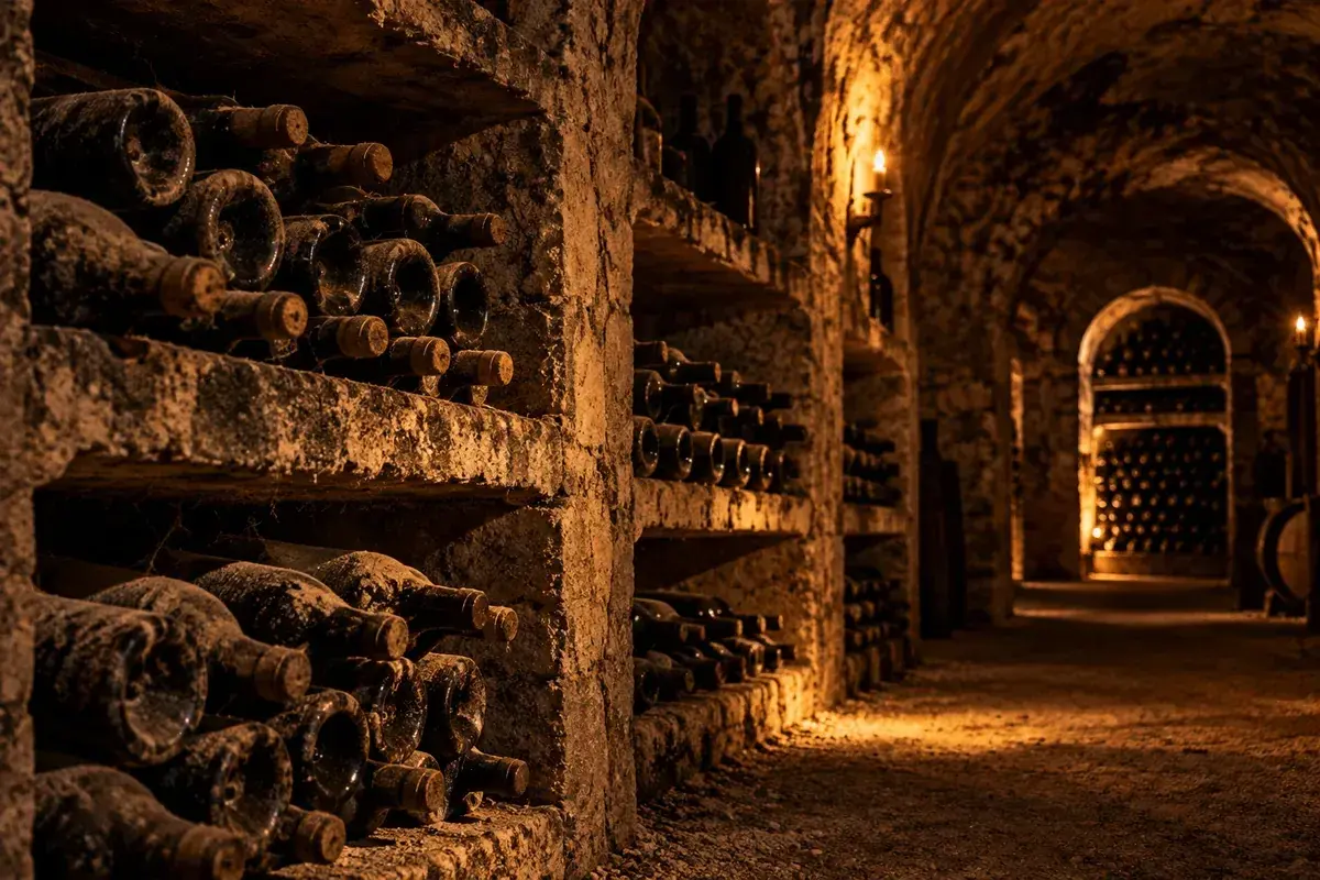 Cantina sotterranea in pietra con vecchie bottiglie coricate e coperte di polvere