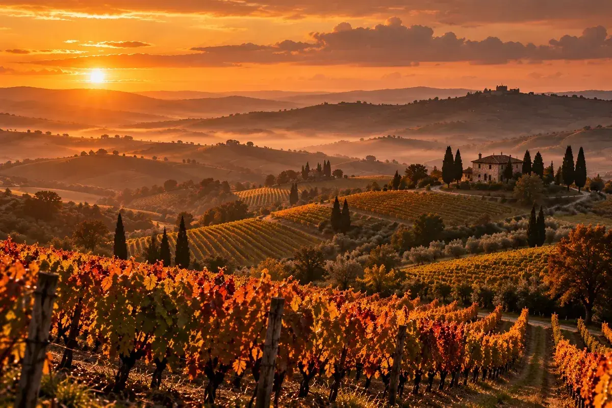 Vigneti sulle colline toscane al tramonto, con cipressi e un casale in pietra